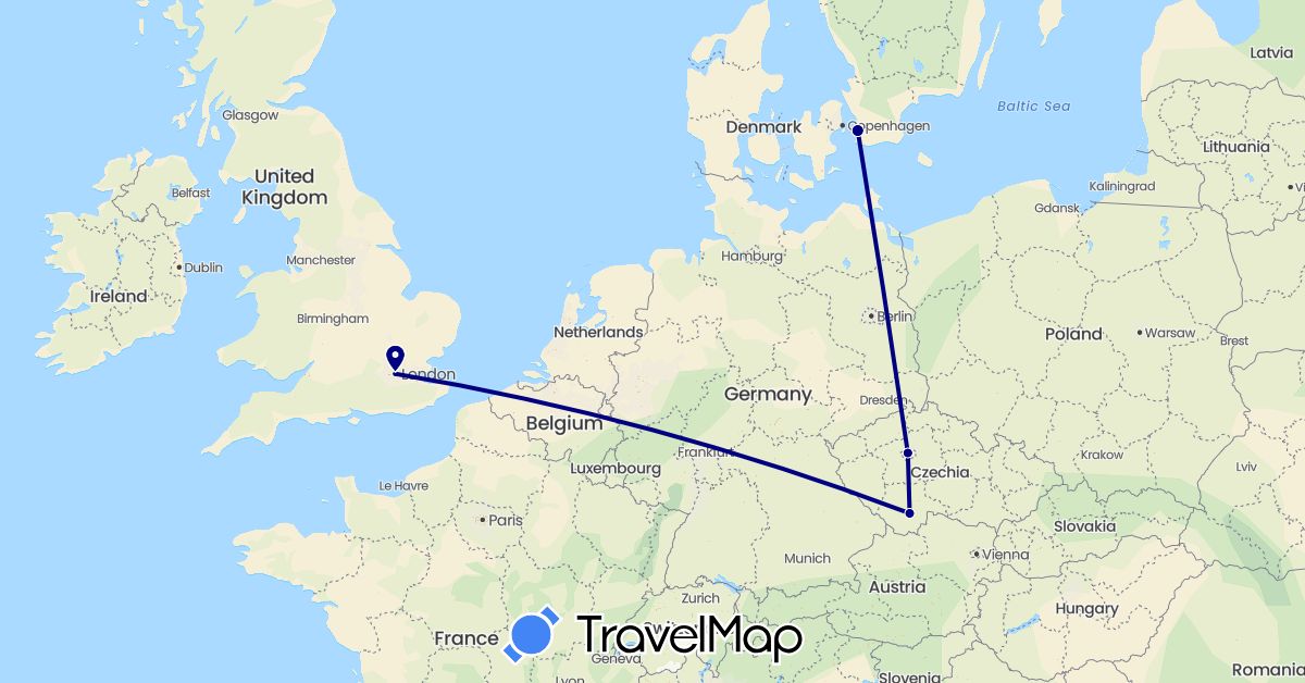 TravelMap itinerary: driving in Czech Republic, United Kingdom, Sweden (Europe)